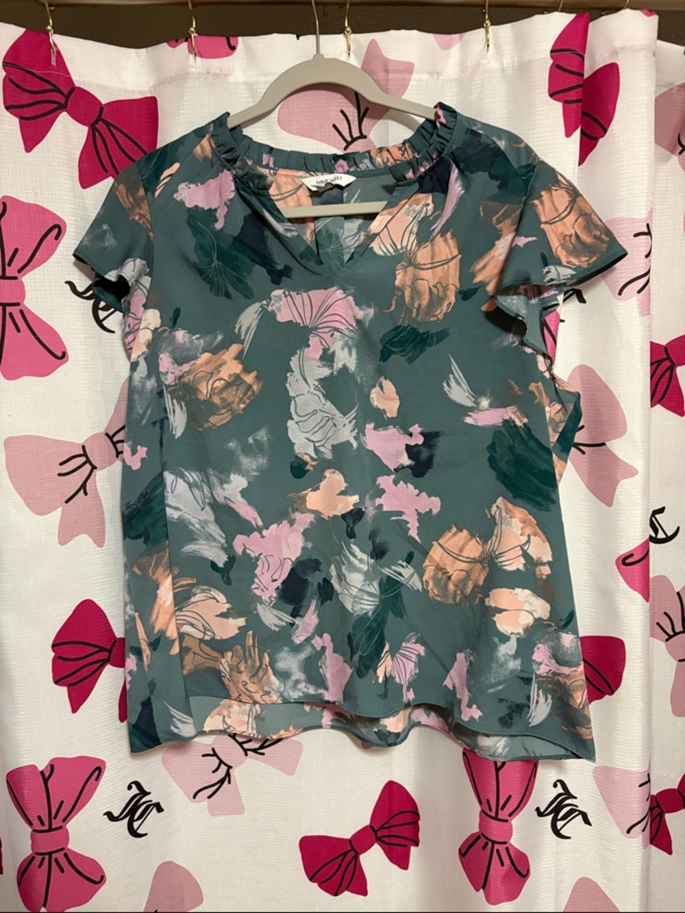 Nine West Floral Print Flutter Sleeve Top - Green/Pink XXL